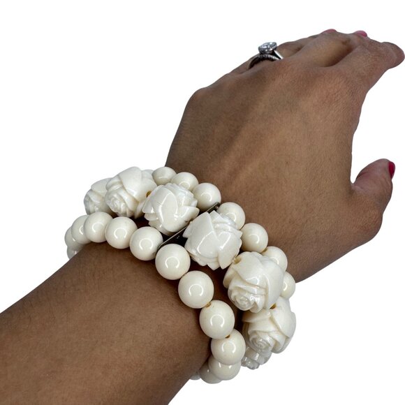 Ivory Rose‎ Beaded Stretch Stacking Bracelets Set Of 3 (9 Rows Total) - Picture 3 of 6